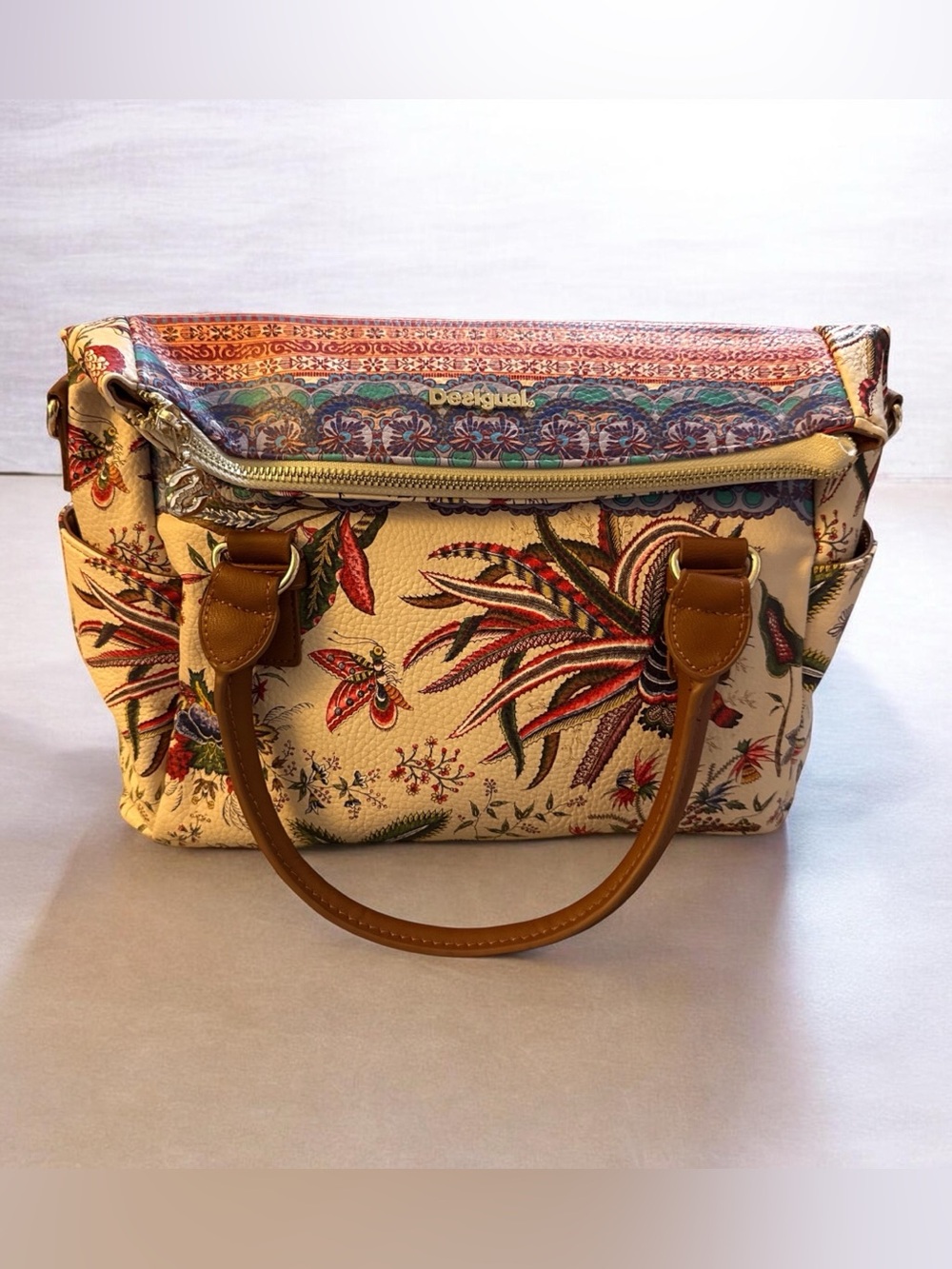 Desigual Boho Floral Pattern Canvas Satchel Tote Bag - Picture 5 of 5